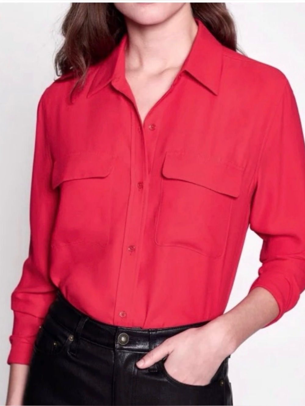 Equipment Femme Signature Red Button-Down 100% Silk Shirt, Size Small